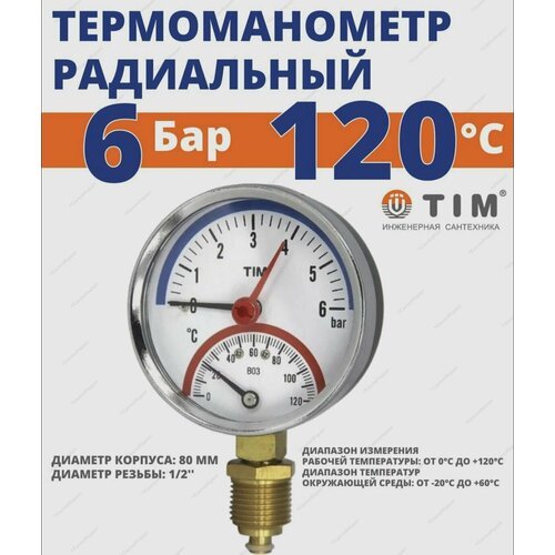 Термоманометр радиальный TIM 1/2' - 6 бар, 0 - 120 гр. TIM Y-80-6