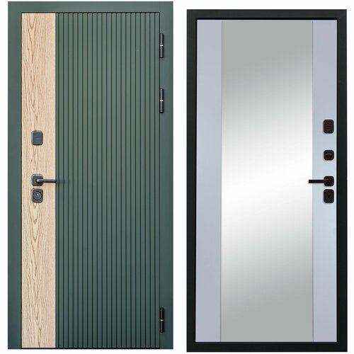 Дверь входная металлическая DIVA 74 Зеркало 2050x860 Правая Дуб Олива софт - Д15 Силк Маус, тепло-шумоизоляция, антикоррозийная защита для квартиры