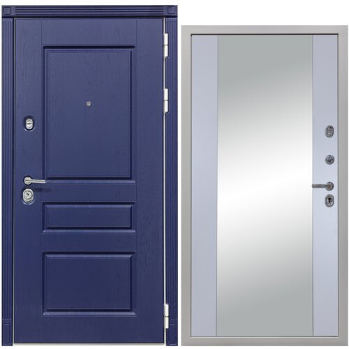 Дверь входная металлическая DIVA 45 Зеркало 2050x960 Правая Роял синий - Д15 Силк маус, тепло-шумоизоляция, антикоррозийная защита для квартиры