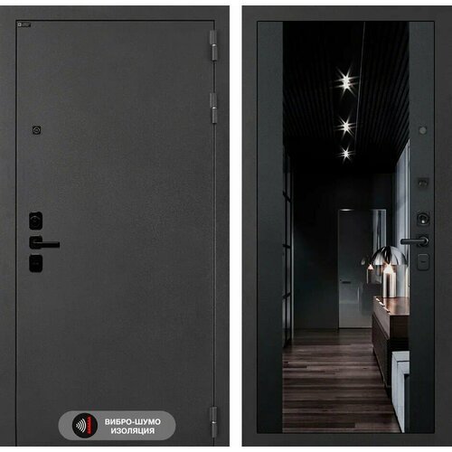 Входная дверь ACUSTIC с зеркалом максимум с тонировкой, цвет черный кварц, размер по коробке 880х2050, правая