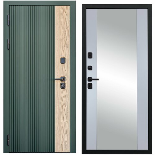 Дверь входная металлическая DIVA 74 Зеркало 2050x860 Левая Дуб Олива софт - Д15 Силк Маус, тепло-шумоизоляция, антикоррозийная защита для квартиры