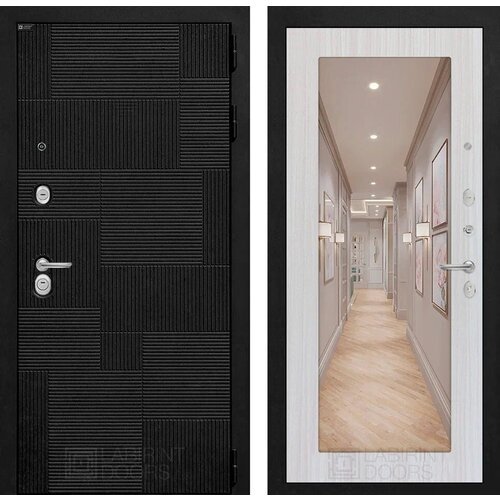 Входная дверь металлическая в квартиру PAZL с внутренней панелью 18 зеркало, цвет сандал белый, размер по коробке 880х2050, левая