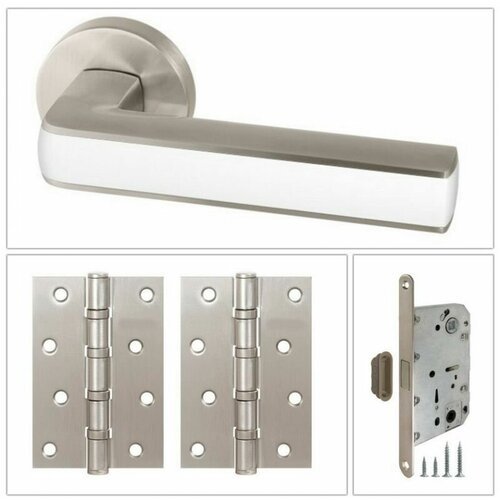 Комплект дверных ручек Armadillo CUBE_URB3 _SN/White-19_MAG, матовый никель/белый (ручка + 2 универсальные петли + магнитный замок)