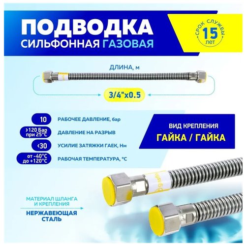 Шланг, подводка для газовых систем Thermofix 3/4 0.5 метра. Гайка-гайка, 1 шт.